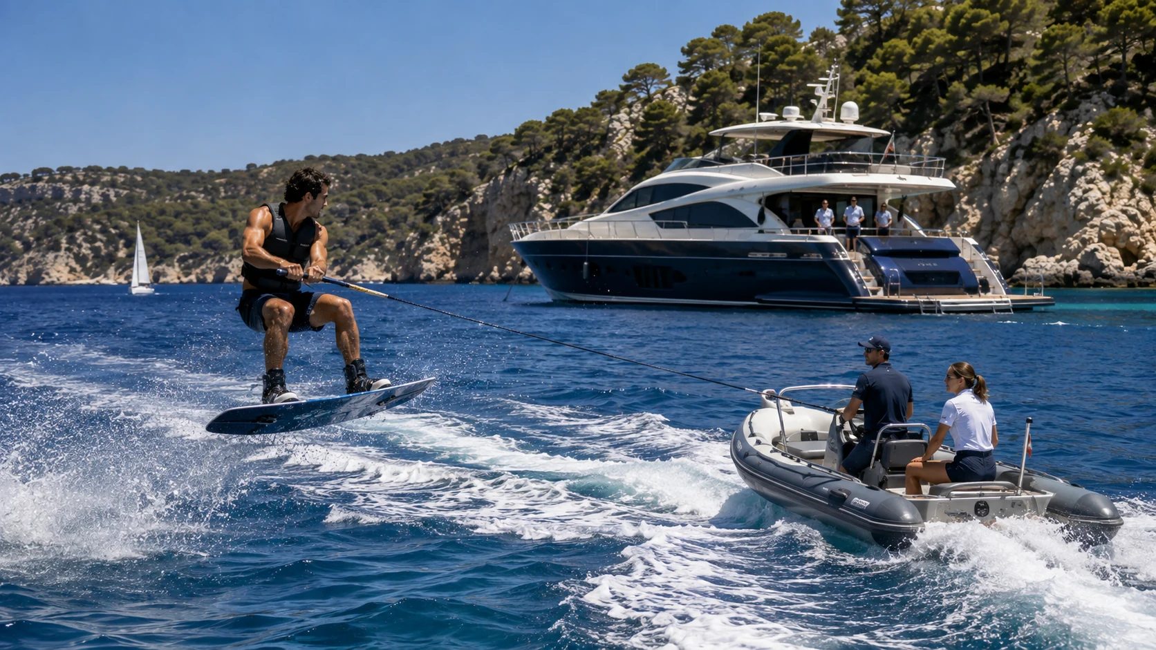 Wakeboarder springt kontrolliert hinter einem Begleittender