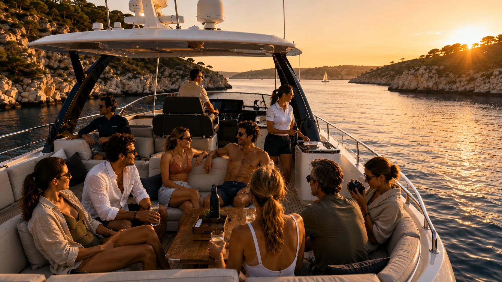 Gäste entspannen auf der Flybridge bei Golden Hour