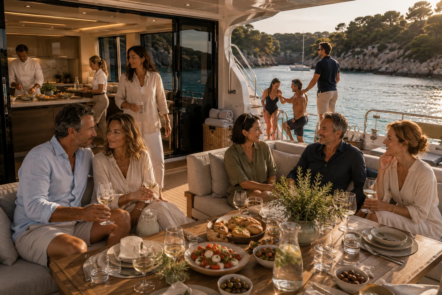 Freunde erleben einen maßgeschneiderten Tag auf einer Yacht