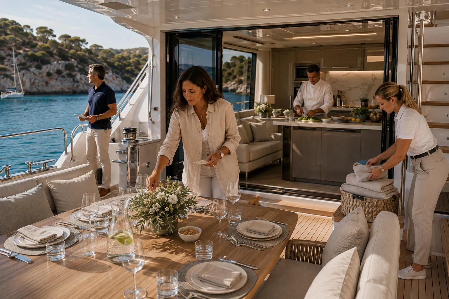 Host, Kapitän, Crew und Chef bereiten eine Yacht vor