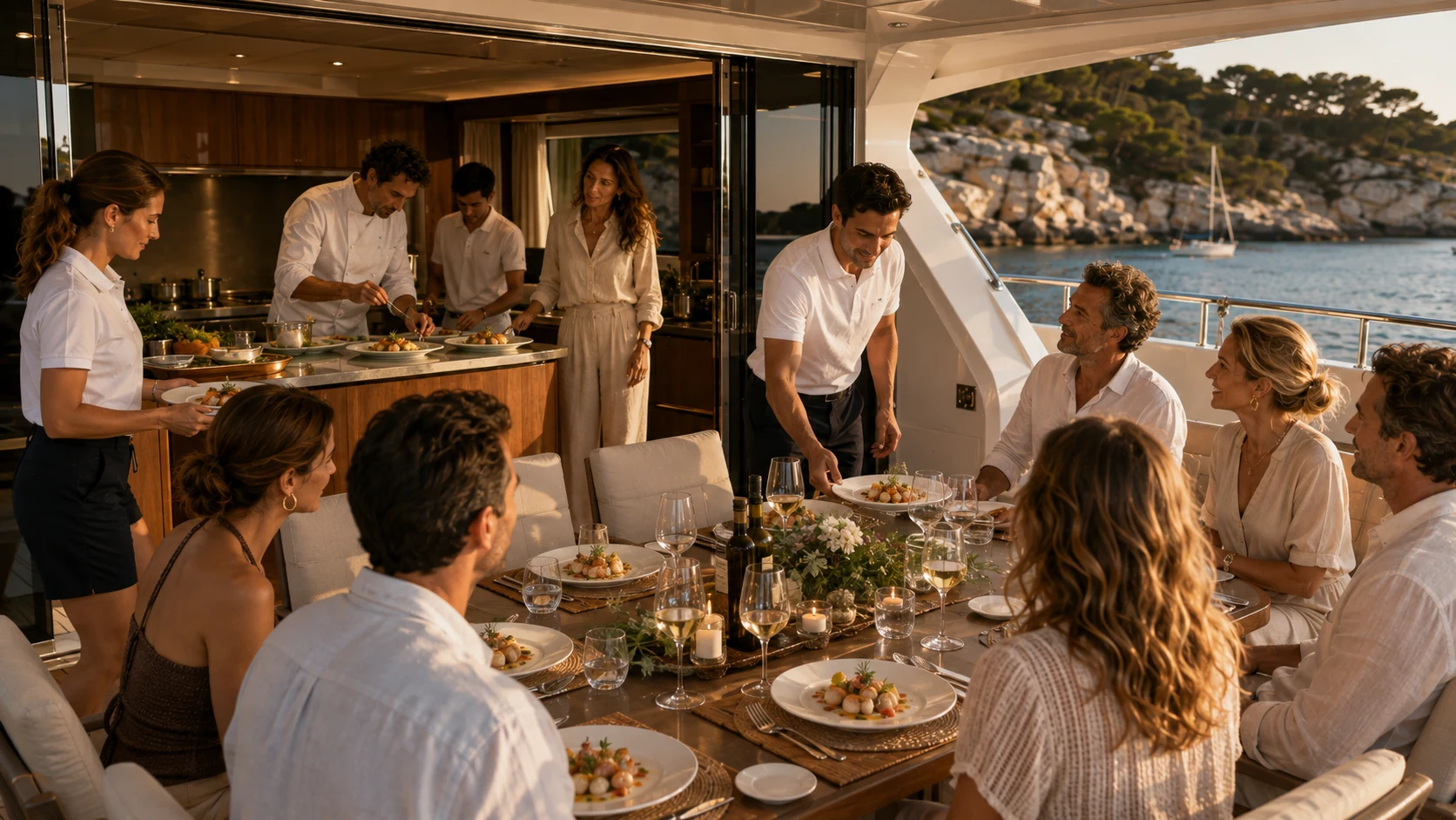 Der erste Gang wird auf dem Achterdeck der Yacht serviert