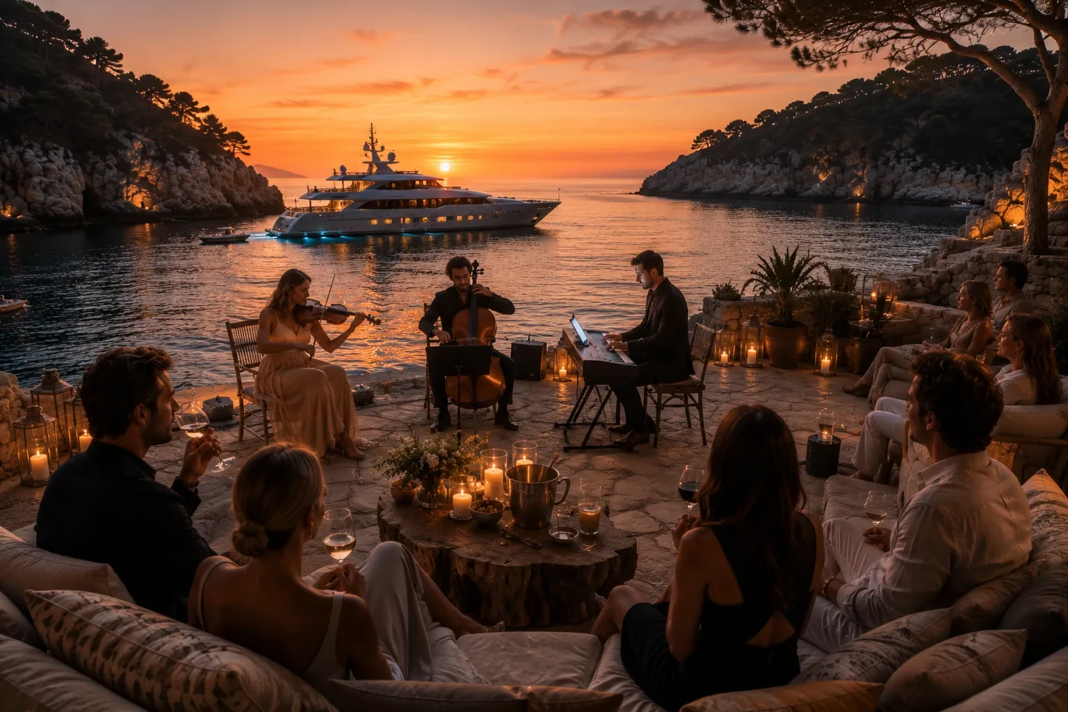 Privates Kammerkonzert an der Küste bei Sonnenuntergang