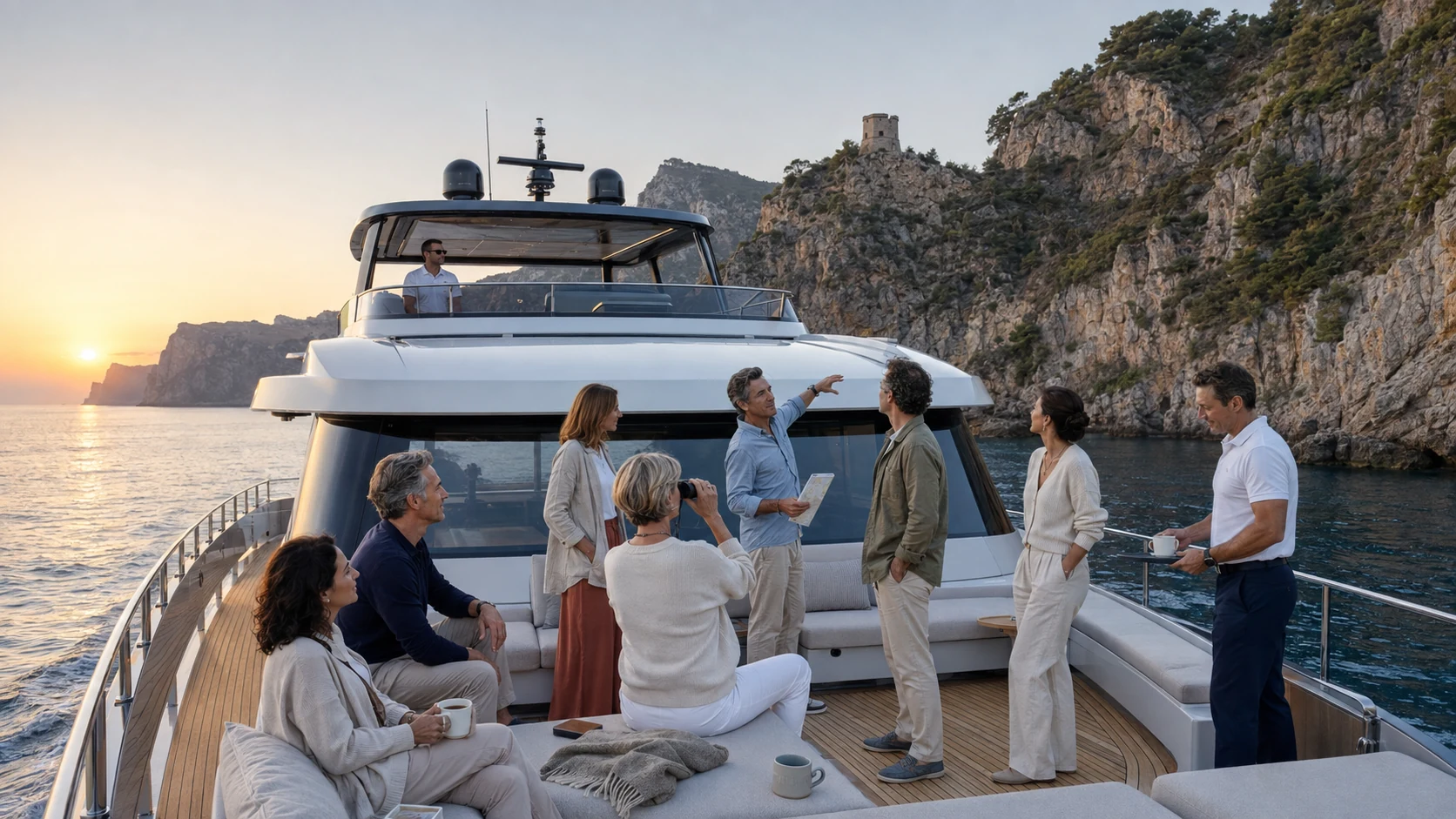 Lokaler Guide erklärt Gästen die mallorquinische Küste auf dem Foredeck