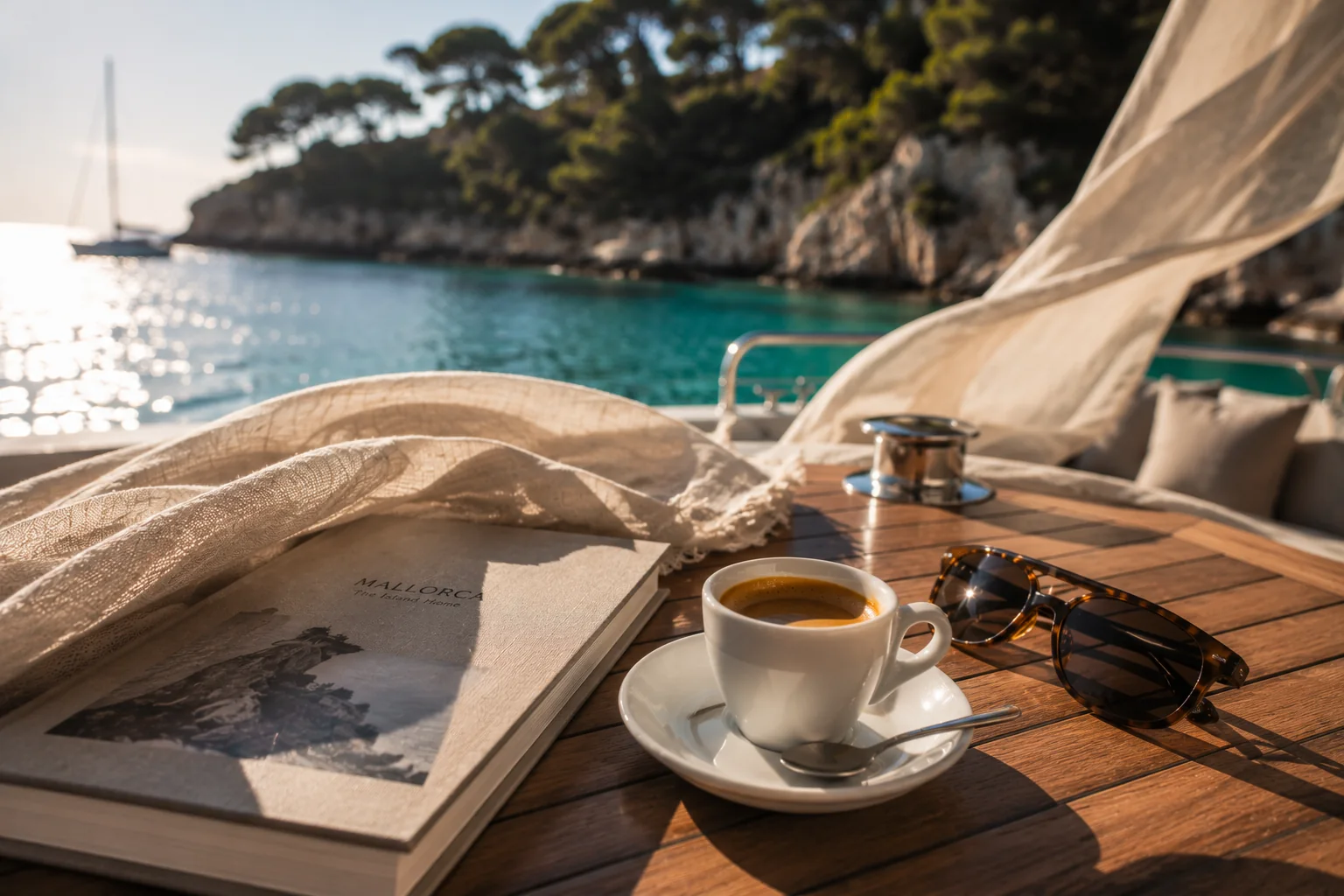Buch und Kaffee mit Blick aufs Meer