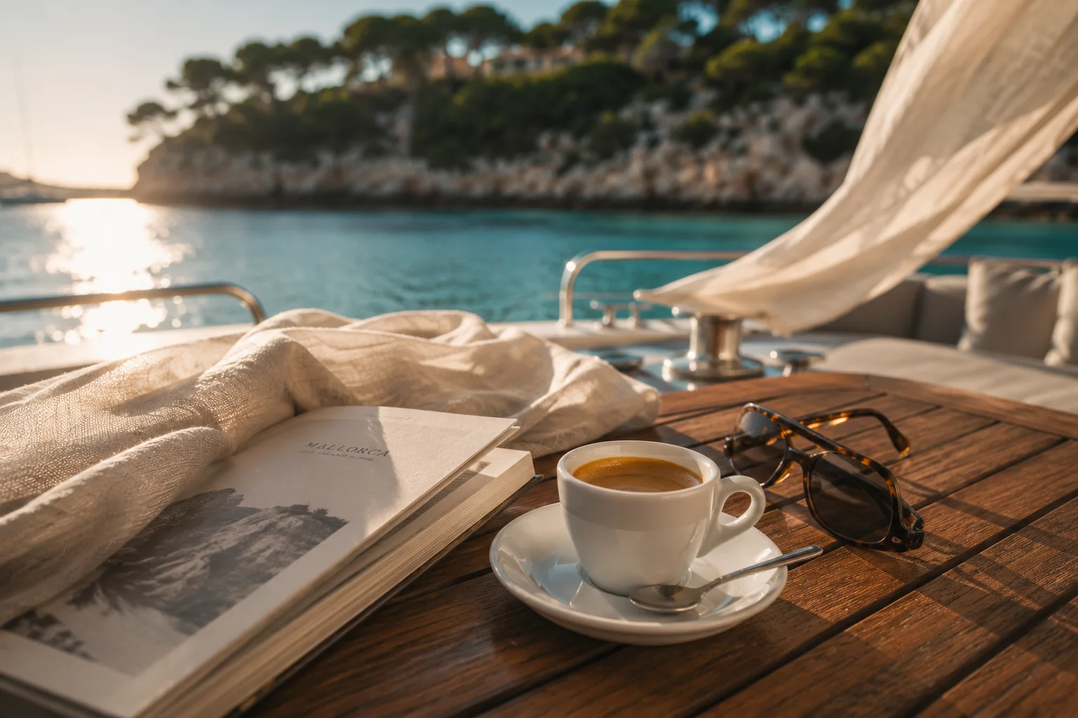 Kaffee und ein Buch an Deck