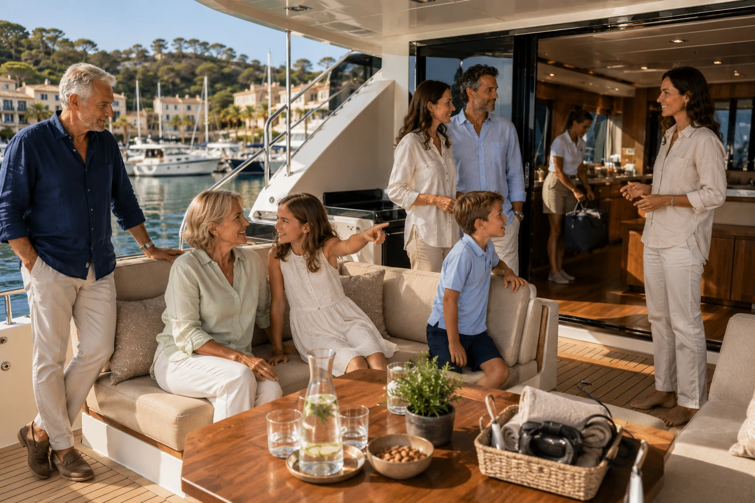 Drei Generationen werden ruhig auf einer Yacht empfangen