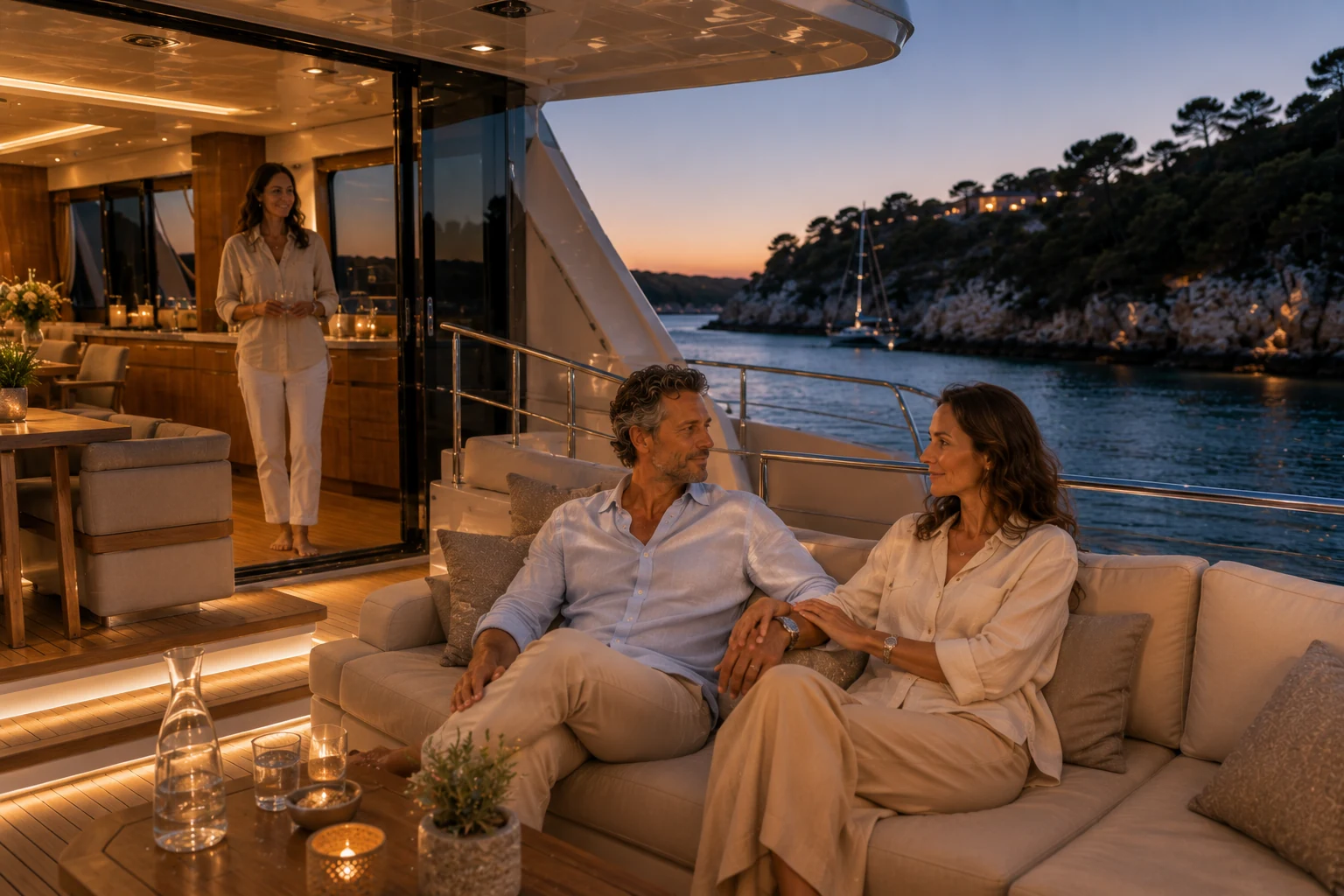 Das Paar sitzt sichtbar erholt bei beginnender Blue Hour auf einer Yacht