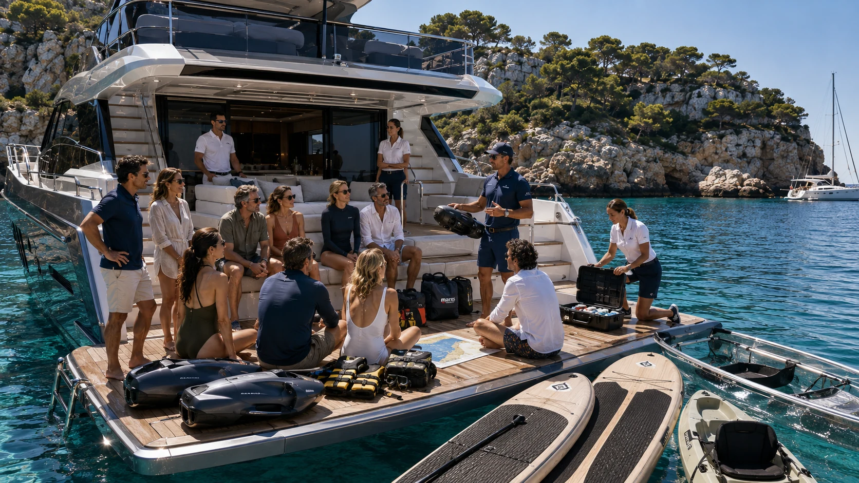 Adventure briefing on the swim platform of a motor yacht