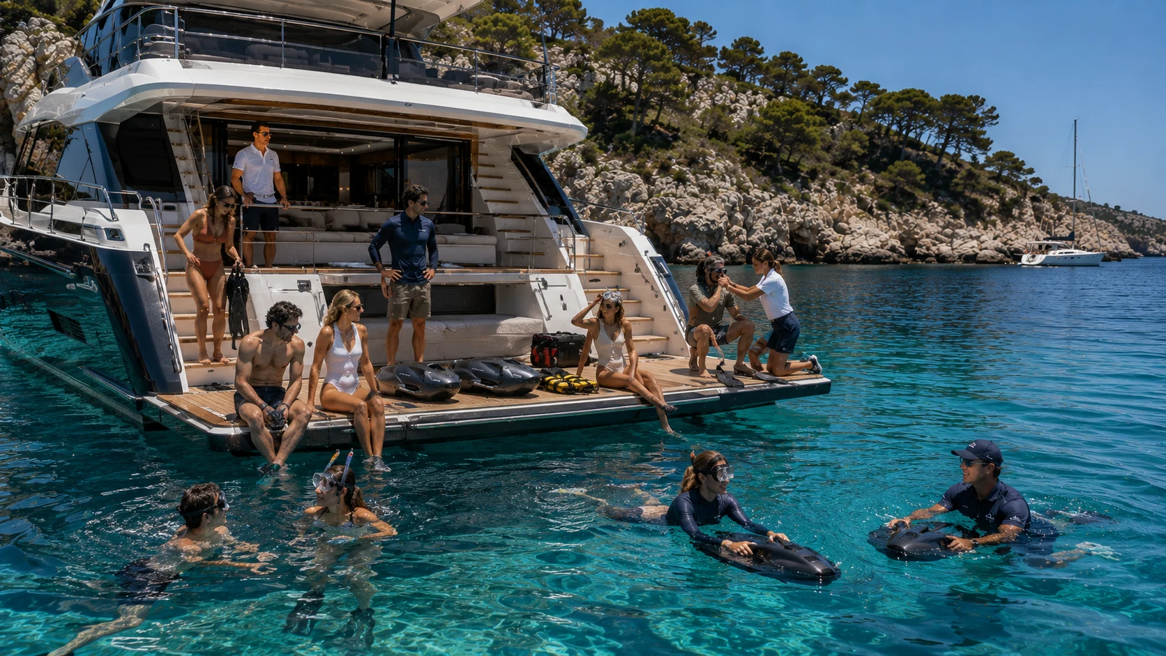 Guests snorkelling and using Seabobs beside a yacht