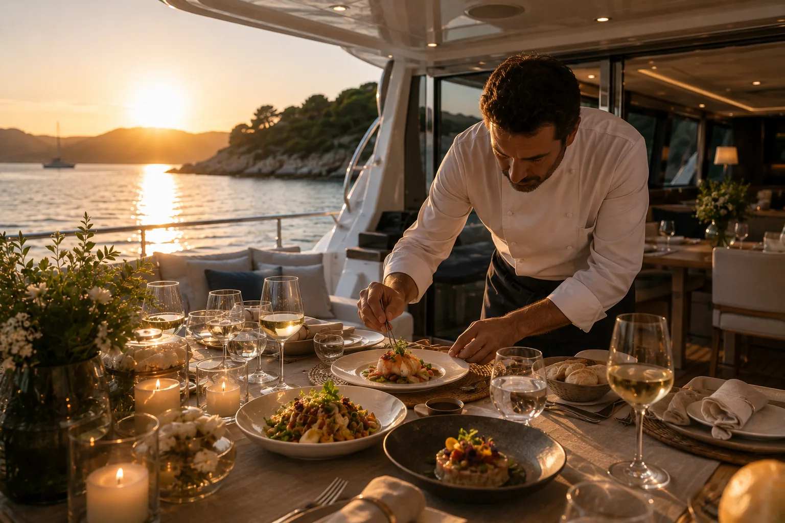 A refined candlelit dinner prepared aboard a private yacht