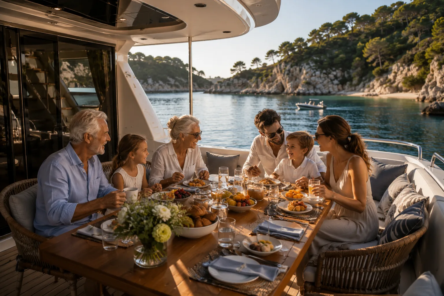 Several generations gathered around a table aboard a yacht
