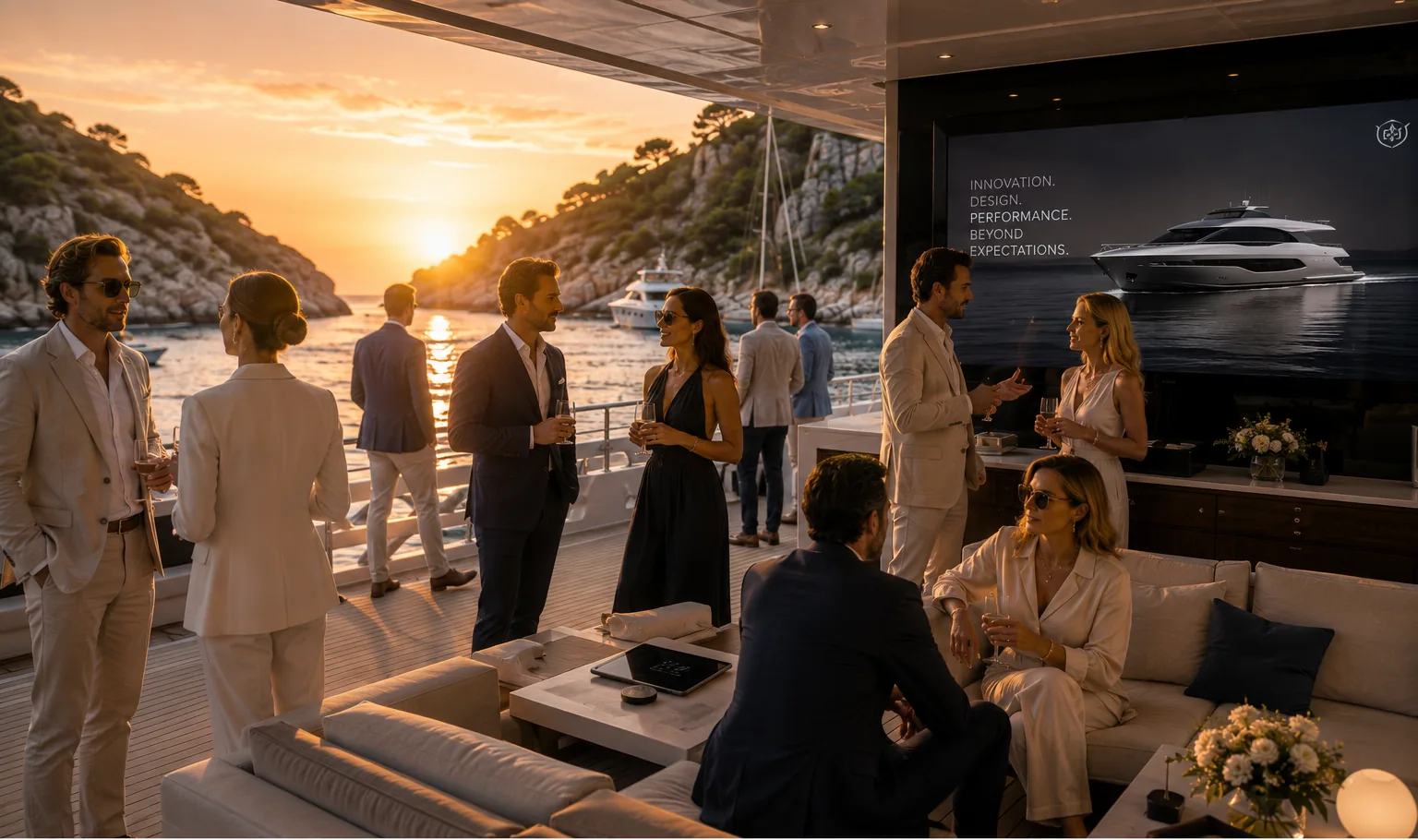 Guests sharing champagne during golden hour aboard a yacht