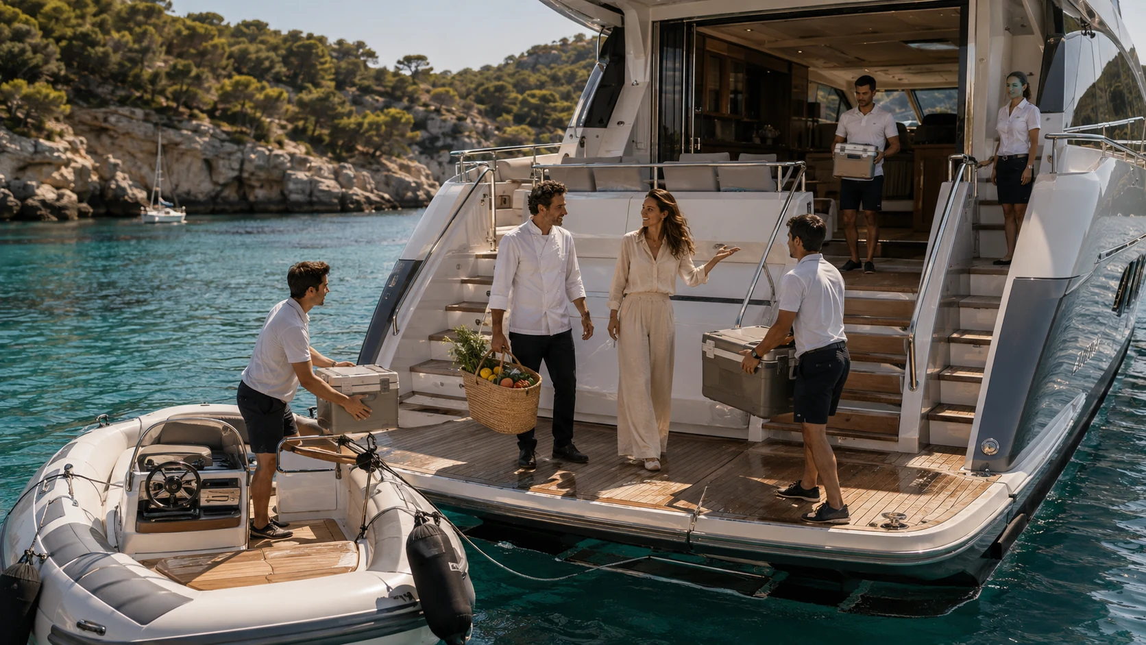 Chef and fresh ingredients arriving aboard a yacht by tender