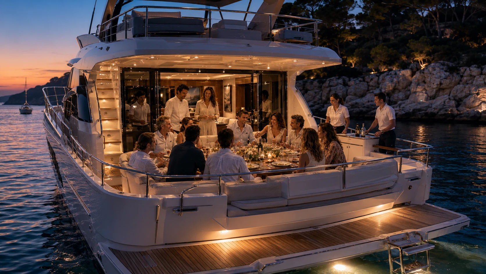 Guests sharing a private dinner on the aft deck of a yacht