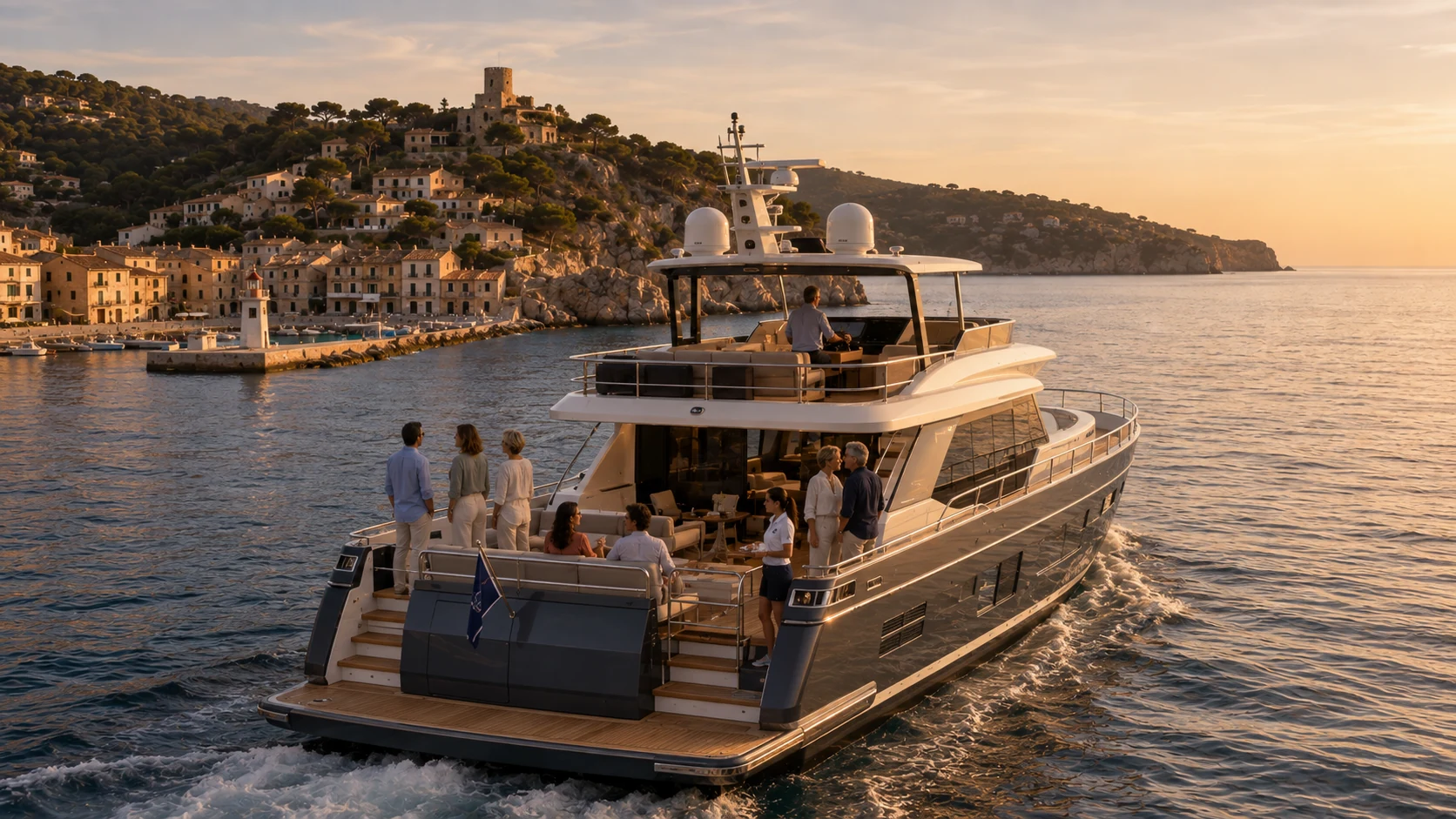 Yacht leaving a historic Mallorcan harbour during golden hour