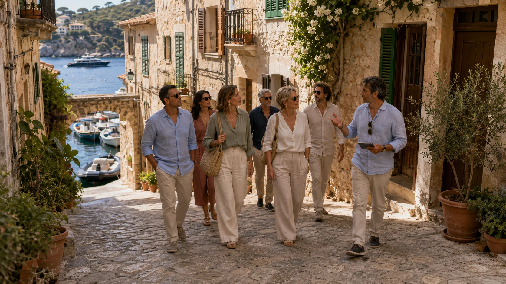 Guests and local guide in a historic lane above the harbour